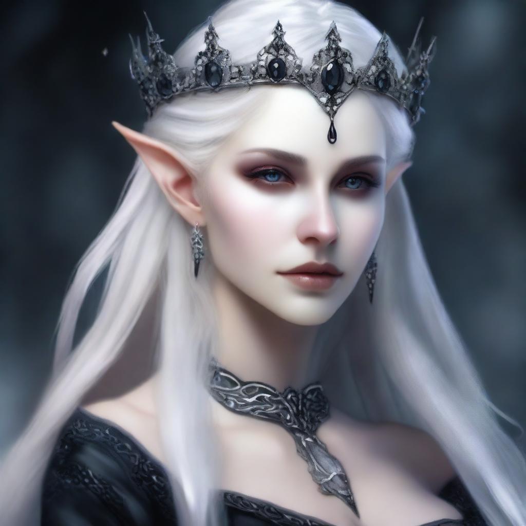 A cold elf queen with very pale, clear skin and long white-blonde, dirty hair that covers one of her piercing grey eyes