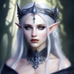 A cold elf queen with very pale, clear skin and long white-blonde, dirty hair that covers one of her piercing grey eyes