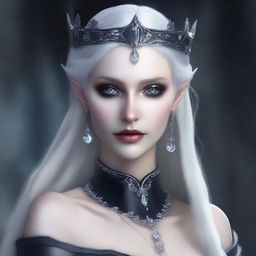 A cold elf queen with very pale, clear skin and long white-blonde, dirty hair that covers one of her piercing grey eyes