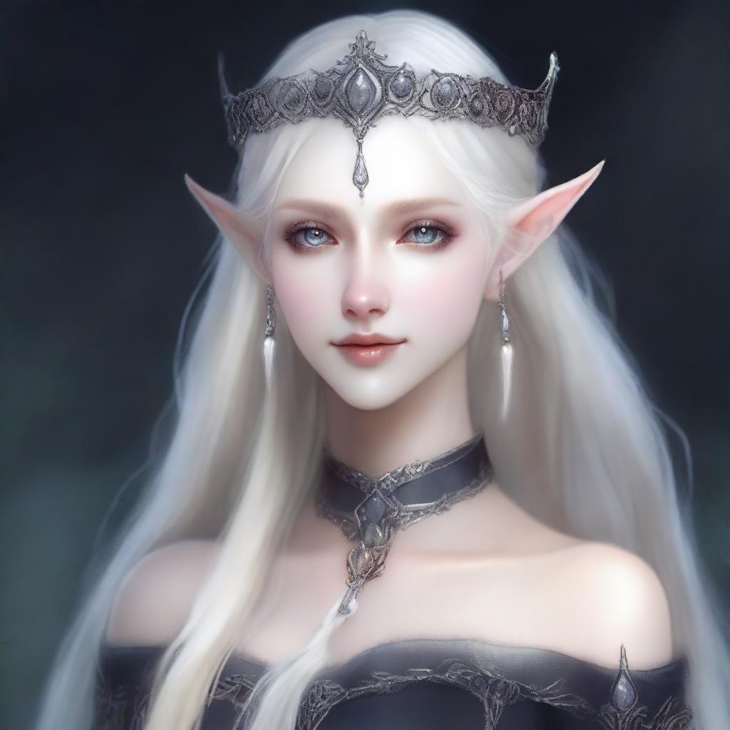 A very pale elf queen with exaggerated elf features and dark eyes