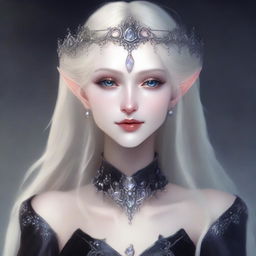 A very pale elf queen with exaggerated elf features and dark eyes