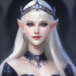 A very pale elf queen with exaggerated elf features and dark eyes