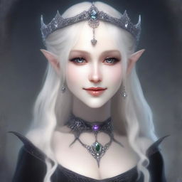 A very pale elf queen with exaggerated elf features and dark eyes