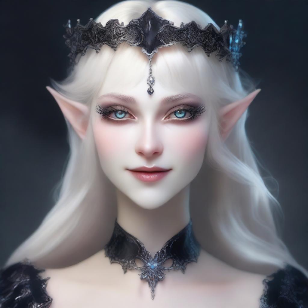 A very pale, scary elf queen with exaggerated elf features and dark eyes