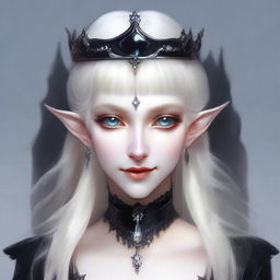 A very pale, scary elf queen with exaggerated elf features and dark eyes