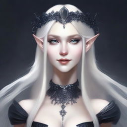 A very pale, scary elf queen with exaggerated elf features and dark eyes