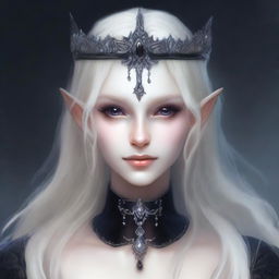 A very pale, scary elf queen with exaggerated elf features and dark eyes