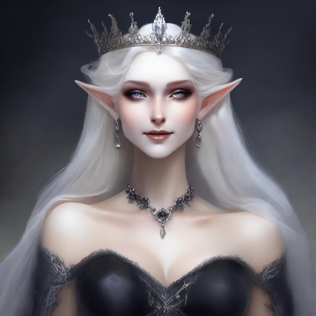 A very pale, elegant, and scary elf queen with exaggerated elf features and dark eyes