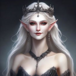 A very pale, elegant, and scary elf queen with exaggerated elf features and dark eyes