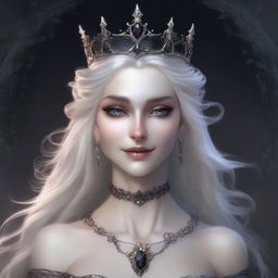 A very pale, elegant, and scary elf queen with exaggerated elf features and dark eyes