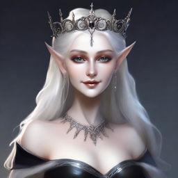 A very pale, elegant, and scary elf queen with exaggerated elf features and dark eyes