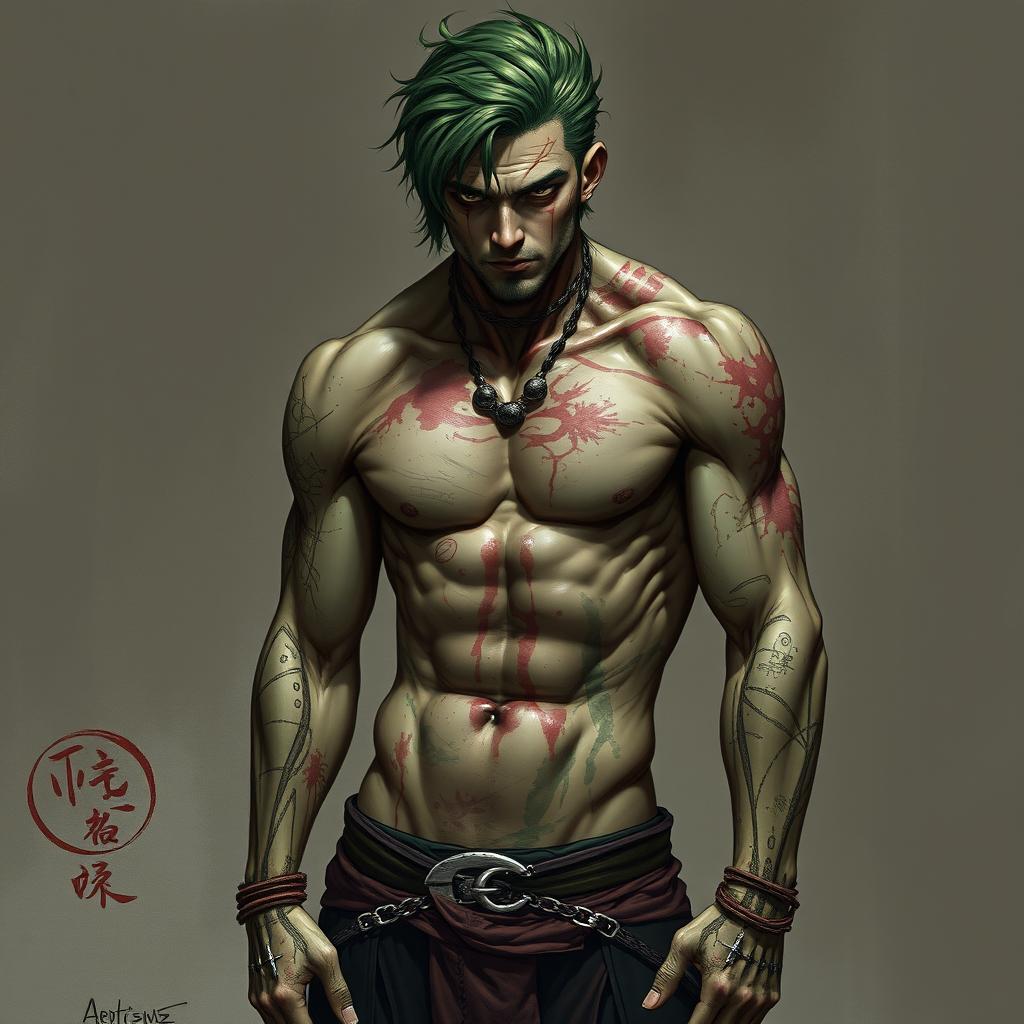 A man with green hair and green skin, his body marked by scars, bruises, and scratches from head to toe