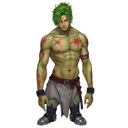 A man with green hair and green skin, his body marked by scars, bruises, and scratches from head to toe