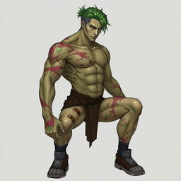 A man with green hair and green skin, his body marked by scars, bruises, and scratches from head to toe