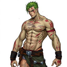 A man with green hair and green skin, his body marked by scars, bruises, and scratches from head to toe