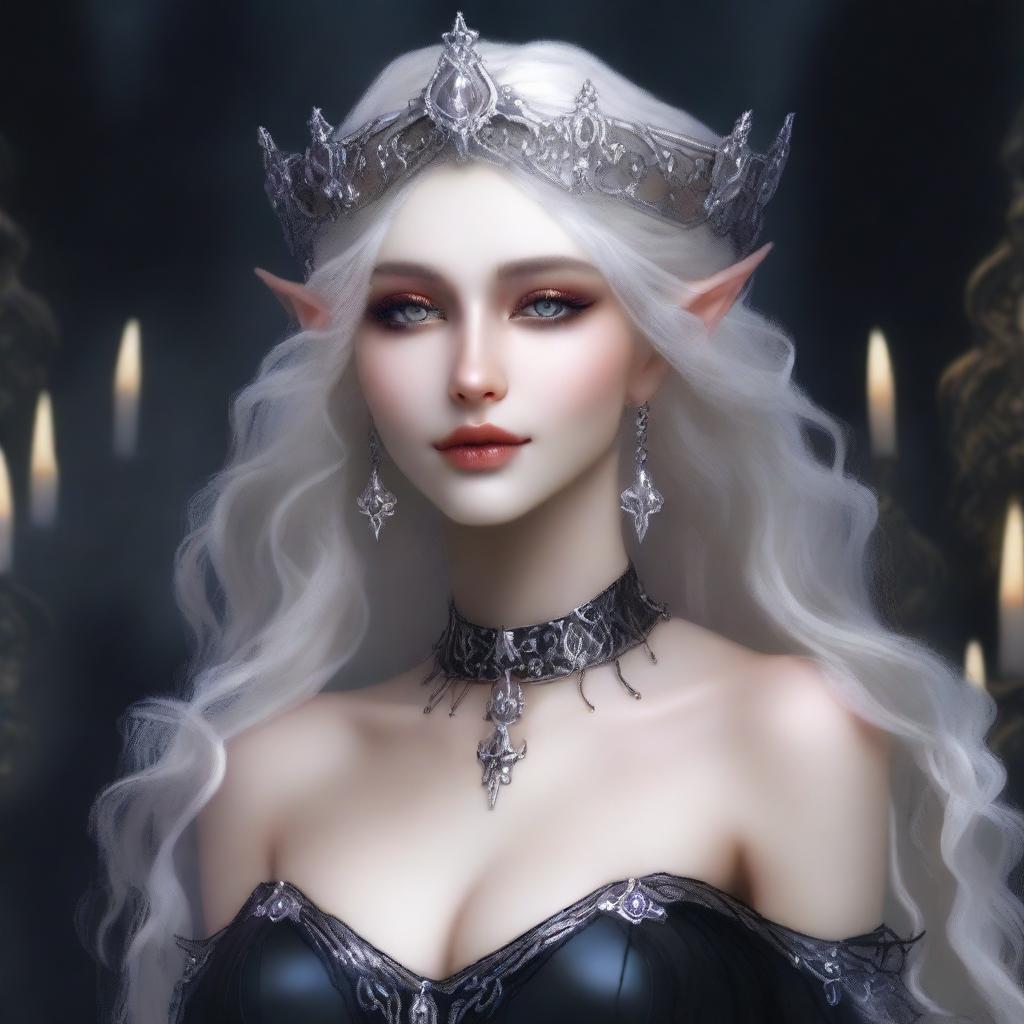 A very pale, elegant, and creepy elf queen with exaggerated elf features and dark eyes