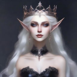 A very pale, elegant, and creepy elf queen with exaggerated elf features and dark eyes