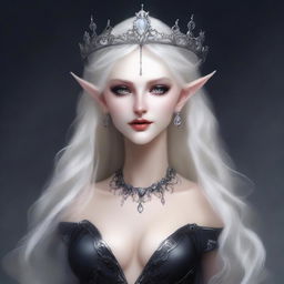 A very pale, elegant, and creepy elf queen with exaggerated elf features and dark eyes