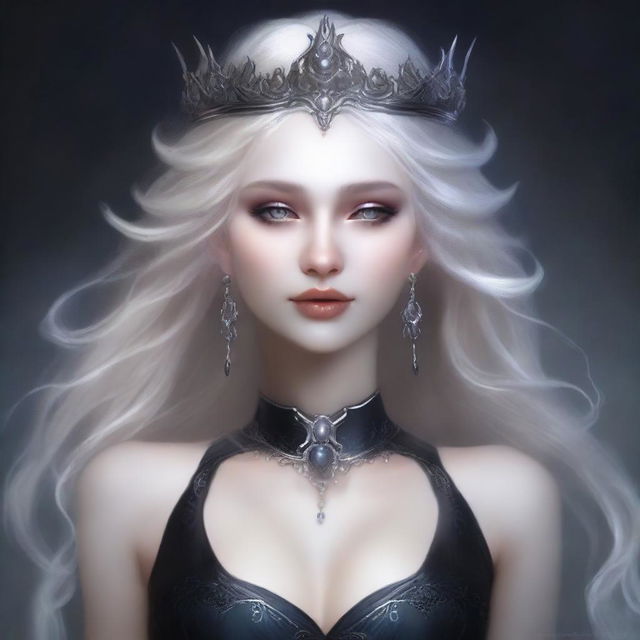 A very pale, elegant, and creepy elf queen with exaggerated elf features and dark eyes