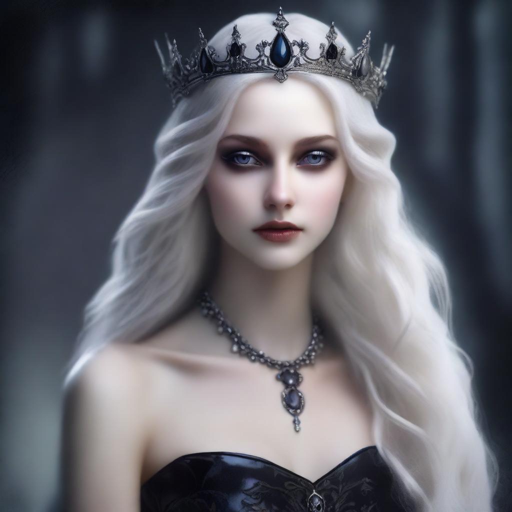 A very pale, elegant, seductive, and creepy elf queen with dark eyes and long white-blonde wild hair