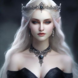 A very pale, elegant, seductive, and creepy elf queen with dark eyes and long white-blonde wild hair