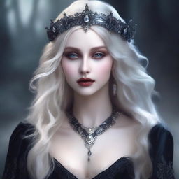 A very pale, elegant, seductive, and creepy elf queen with dark eyes and long white-blonde wild hair