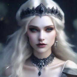 A very pale, elegant, seductive, and creepy elf queen with dark eyes and long white-blonde wild hair