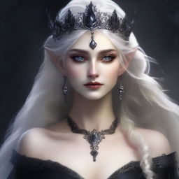 An elegant, seductive, and creepy elf queen with dark eyes and long white-blonde wild hair