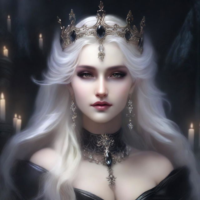 An elegant, seductive, and creepy elf queen with dark eyes and long white-blonde wild hair