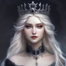 An elegant, seductive, and creepy elf queen with dark eyes and long white-blonde wild hair