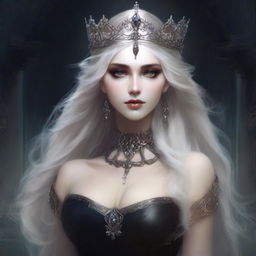 An elegant, seductive, and creepy elf queen with dark eyes and long white-blonde wild hair