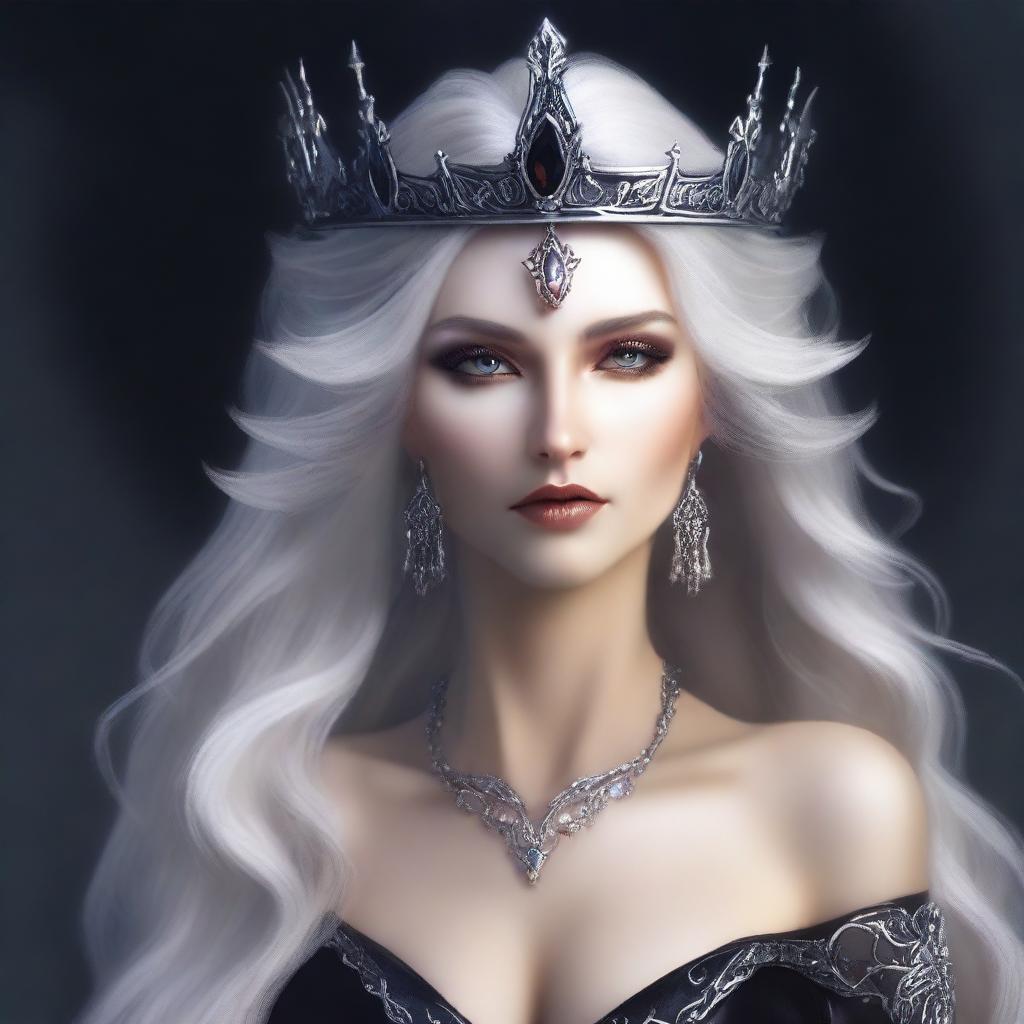 An elegant, seductive, and creepy middle-aged elf queen with dark eyes and long white-blonde, wild hair