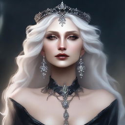 An elegant, seductive, and creepy middle-aged elf queen with dark eyes and long white-blonde, wild hair