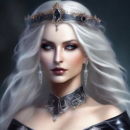 An elegant, seductive, and creepy middle-aged elf queen with dark eyes and long white-blonde, wild hair