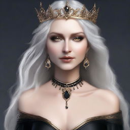 An elegant, seductive, and creepy middle-aged elf queen with dark eyes and long white-blonde, wild hair