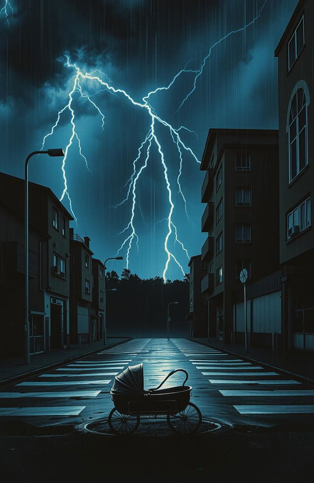 Cartel de una película de suspense española de los años 80 titulada "El llanto", con un cochecito de bebé abandonado bajo una intensa tormenta eléctrica en una calle empedrada y oscura