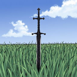 A black sword placed in the middle of an endless field of grass, drawn in the style of a manga