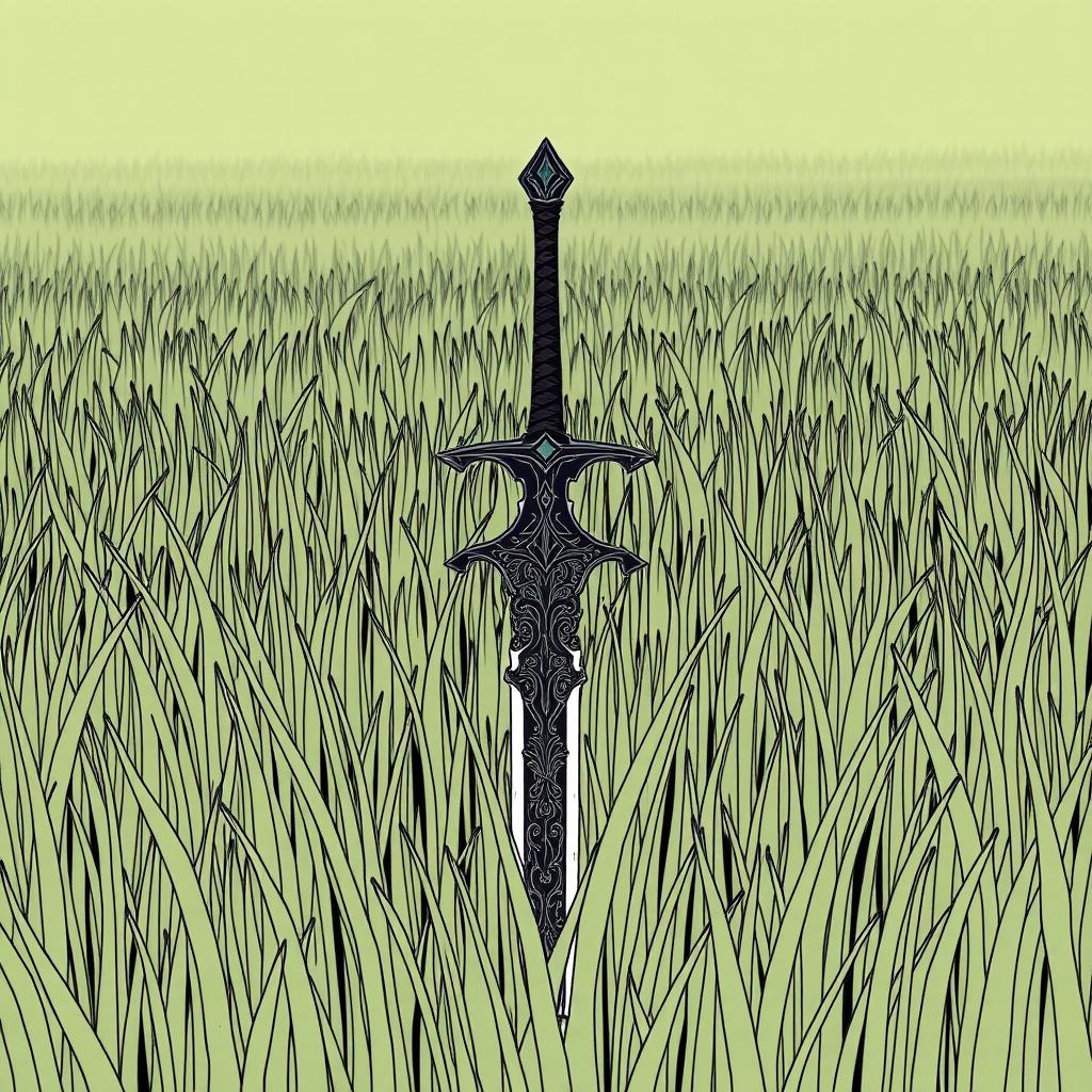 A black sword placed in the middle of an endless field of grass, drawn in the style of a manga