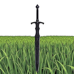 A black sword placed in the middle of an endless field of grass, drawn in the style of a manga