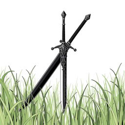 A black sword placed in the middle of an endless field of grass, drawn in the style of a manga