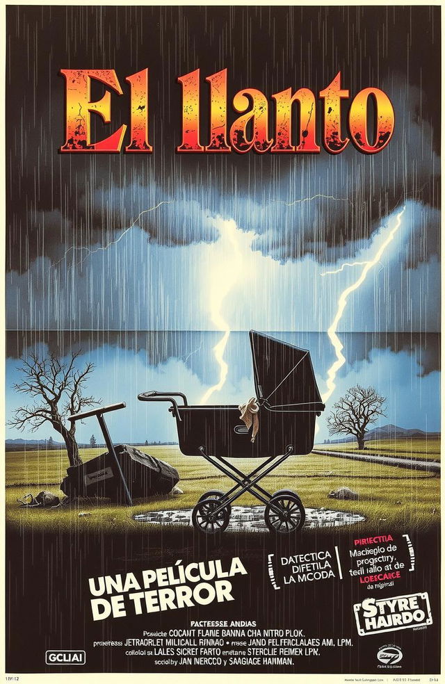 A Spanish horror movie poster from the 1980s titled 'El llanto' featuring an abandoned baby stroller under a thunderstorm with lightning, a dark color scheme, and classic 80s design elements