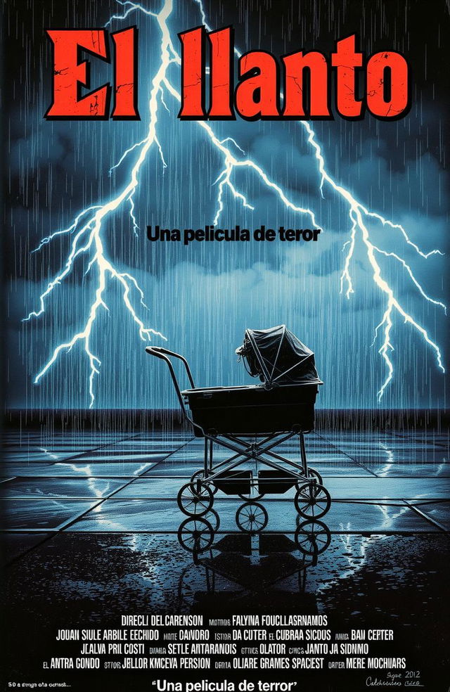 A vintage, realistic-style Spanish horror movie poster from the 1980s titled 'El llanto' featuring an abandoned baby stroller under a thunderstorm with lightning, a dark color scheme, and classic 80s design elements