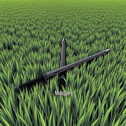 An endless field of grass with a black sword laying flat in the middle, drawn in the style of a manga