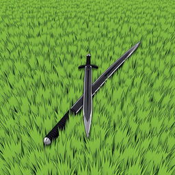 An endless field of grass with a black sword laying flat in the middle, drawn in the style of a manga