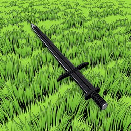 An endless field of grass with a black sword laying flat in the middle, drawn in the style of a manga