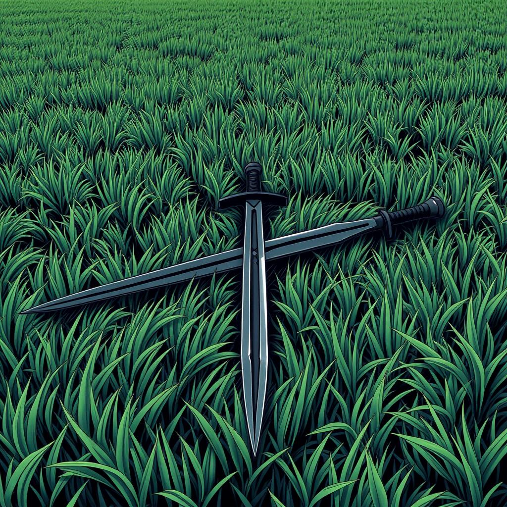 An endless field of grass with a black sword laying flat in the middle, drawn in the style of a manga