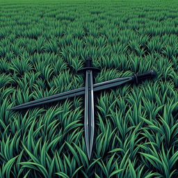 An endless field of grass with a black sword laying flat in the middle, drawn in the style of a manga