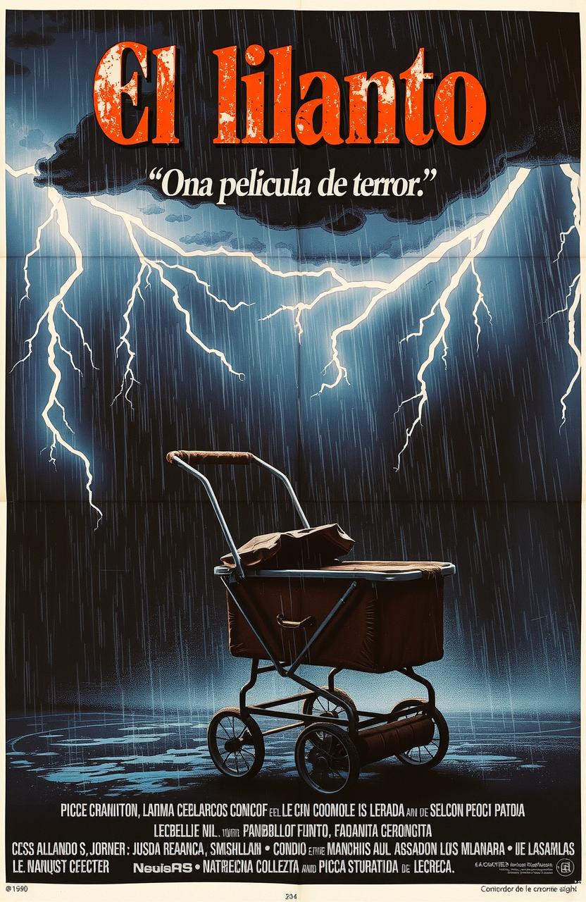 A vintage, realistic-style Spanish horror movie poster from the 1980s titled 'El llanto' featuring an abandoned baby stroller under a thunderstorm with lightning, a dark color scheme, and classic 80s design elements