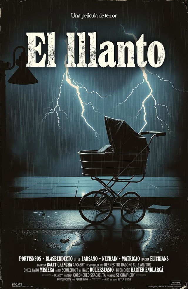 A vintage, realistic-style Spanish horror movie poster from the 1980s titled 'El llanto' featuring an abandoned baby stroller under a thunderstorm with lightning, a dark color scheme, and classic 80s design elements