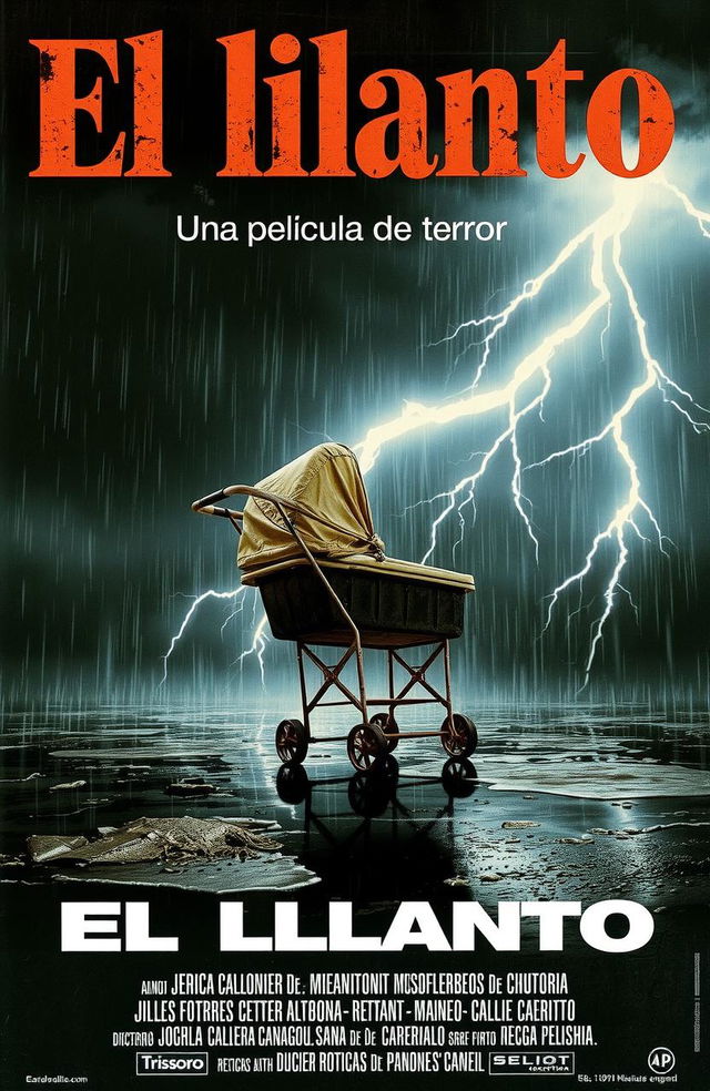 A vintage, realistic-style Spanish horror movie poster from the 1980s titled 'El llanto' featuring an abandoned baby stroller under a thunderstorm with lightning, a dark color scheme, and classic 80s design elements